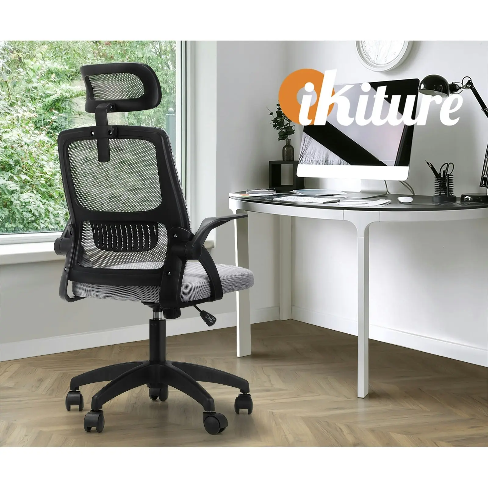 Oikiture Mesh Office Chair Executive Fabric Gaming Seat Racing Computer Black&Grey