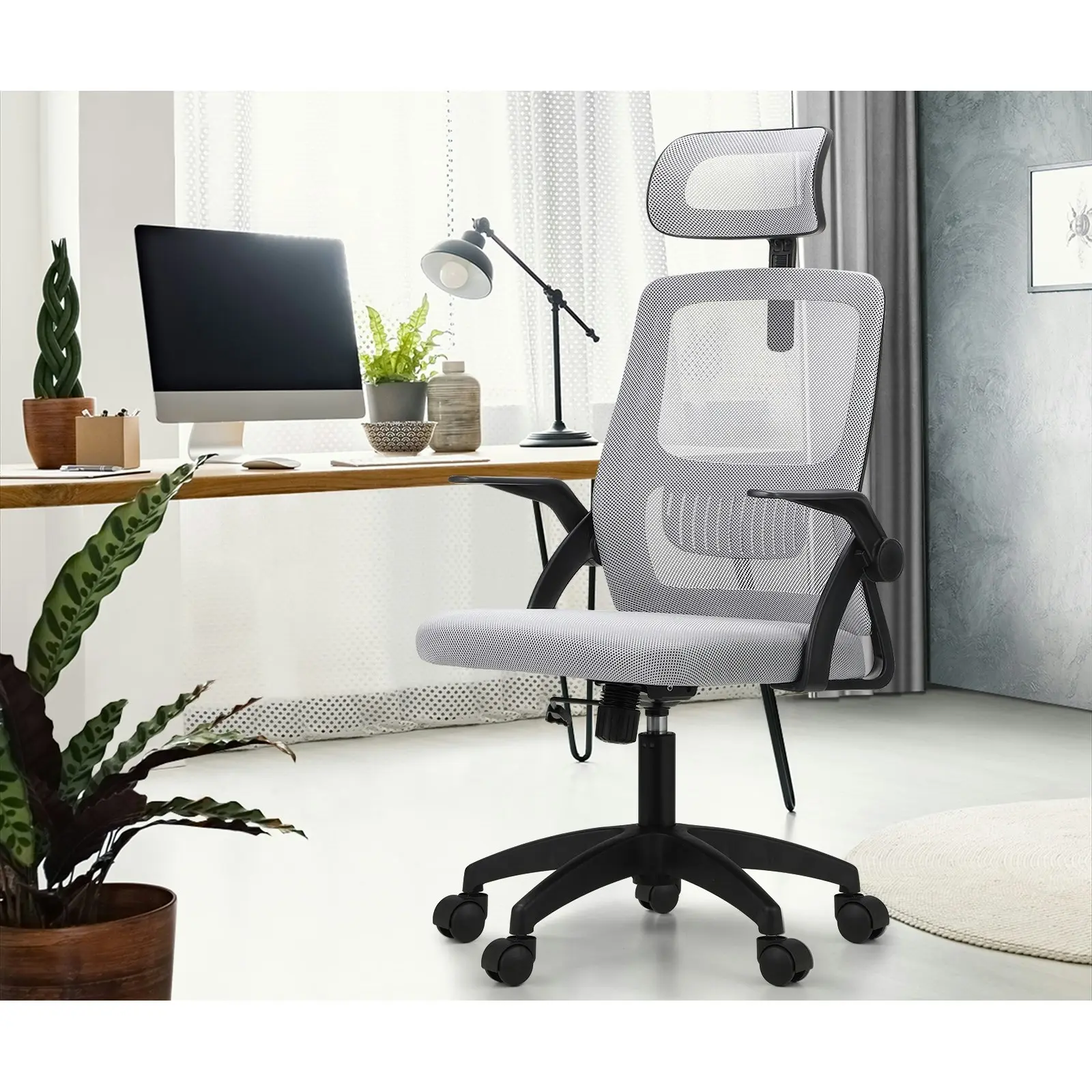 Oikiture Mesh Office Chair Executive Fabric Gaming Seat Racing Computer Black&Grey