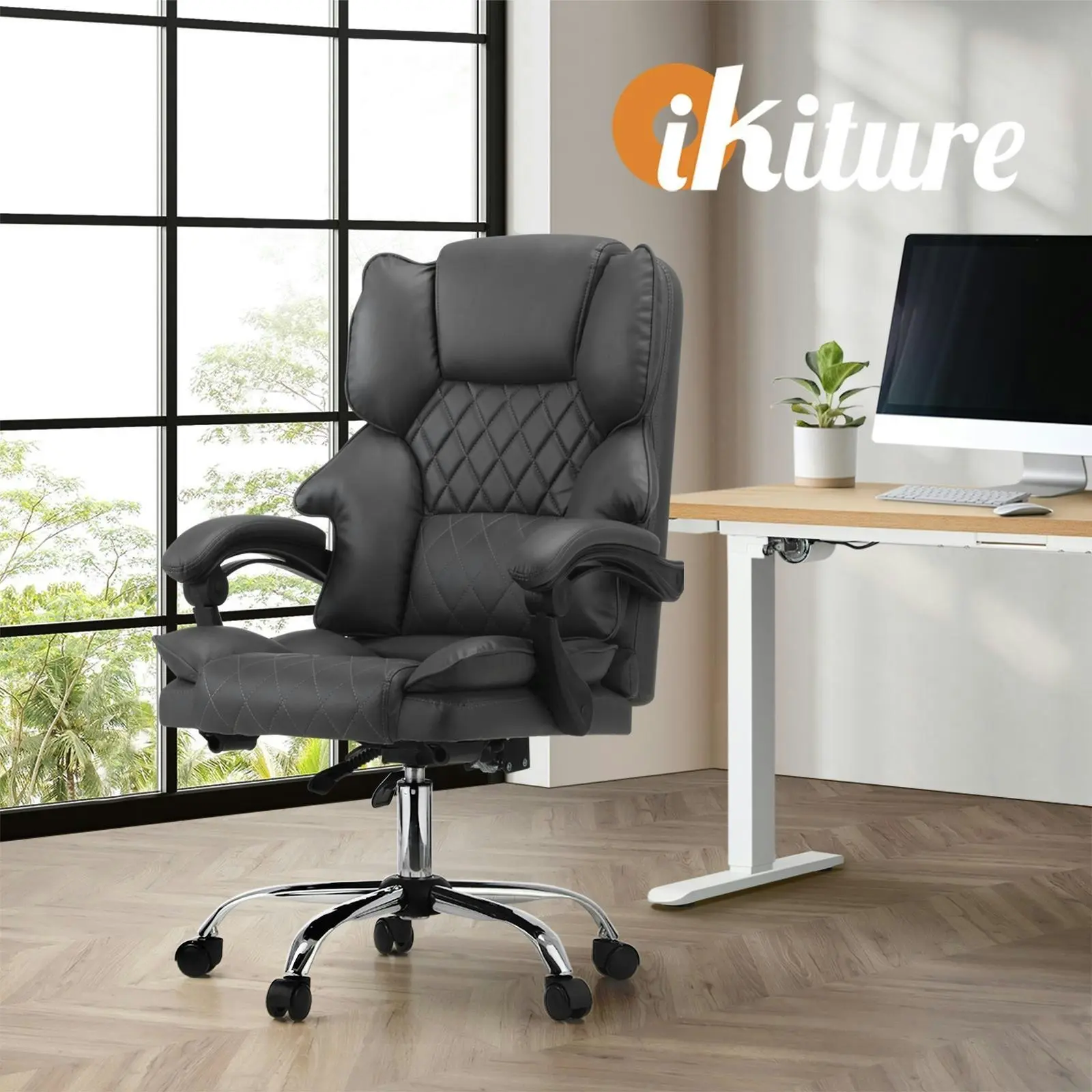 Oikiture Massage Office Chair Executive Computer Racer PU Leather Seat Recliner Grey