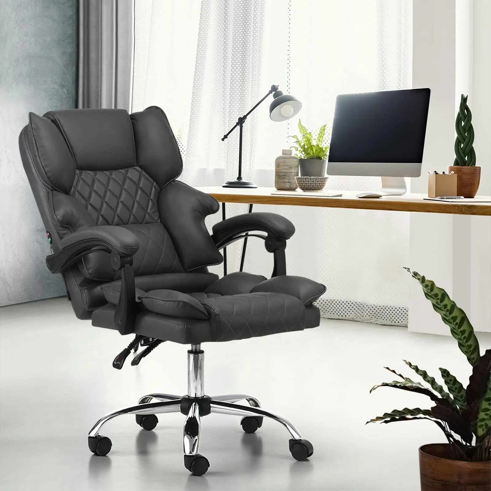 Oikiture Massage Office Chair Executive Computer Racer PU Leather Seat Recliner Grey