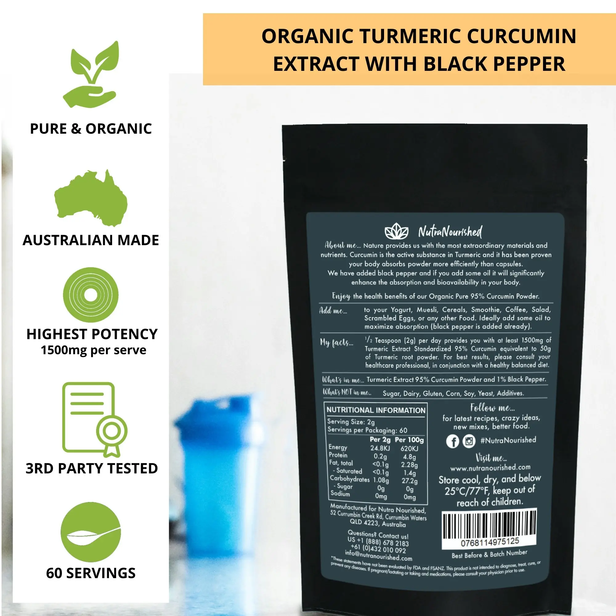 Turmeric Powder - Organic Pure Turmeric Extract 95% Curcumin Buffered with Black Pepper