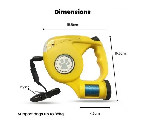 Retractable Dog Leash with Waste Bag Dispenser & Torch