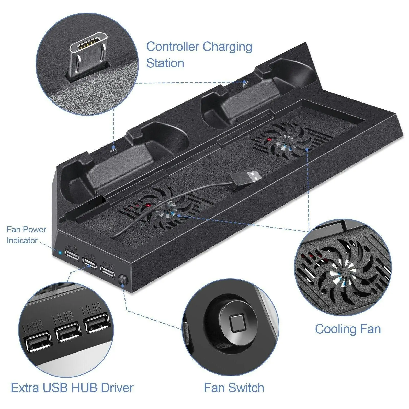 PS4 Stand Cooling Fan for PlayStation PS4 Dual Controller Charging Dock Vertical