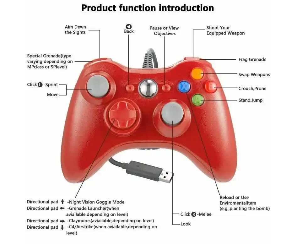 Controller For Microsoft Xbox 360 Console &amp; Windows PC Compute Joystick Wired | Red