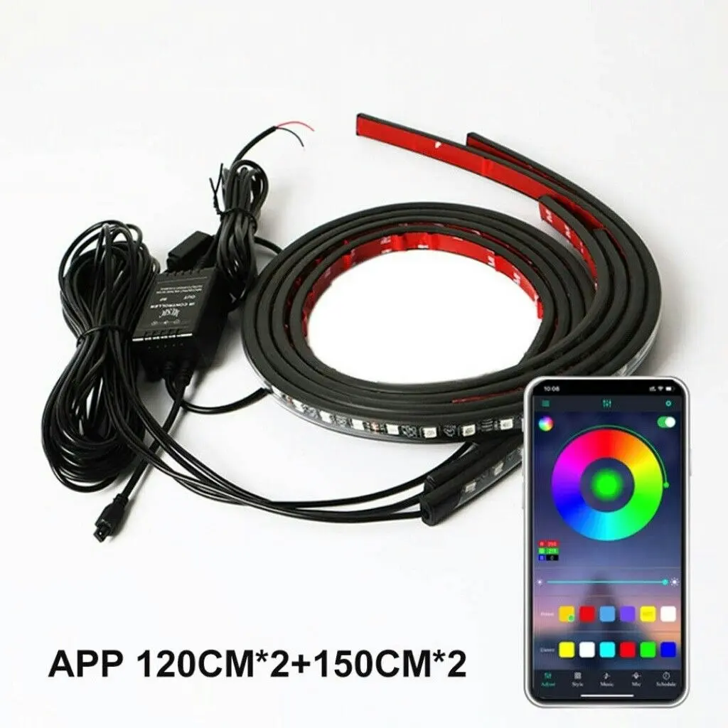 2X 120CM+ 2X 150CM RGB LED Underglow body Neon Light Kit App Under Car Tube Strip