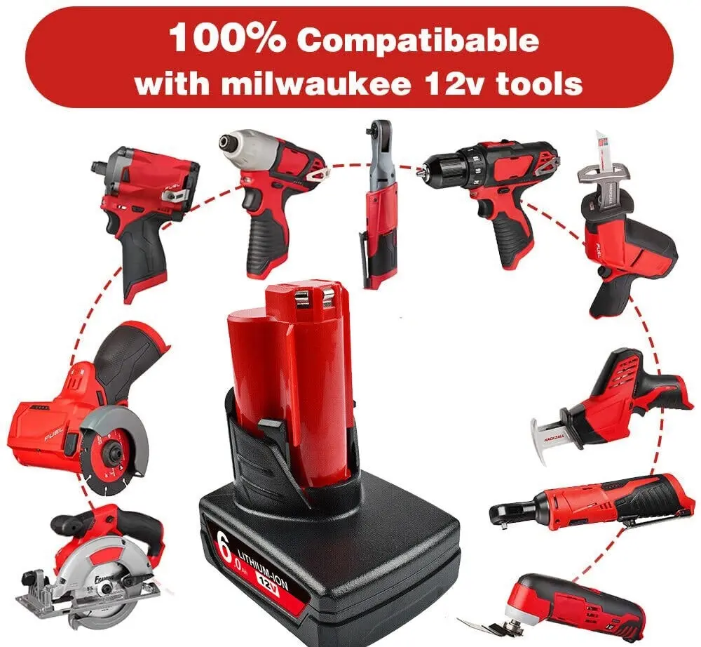 [4 Pack] Milwaukee M12 Compatible 6.0Ah Batteries