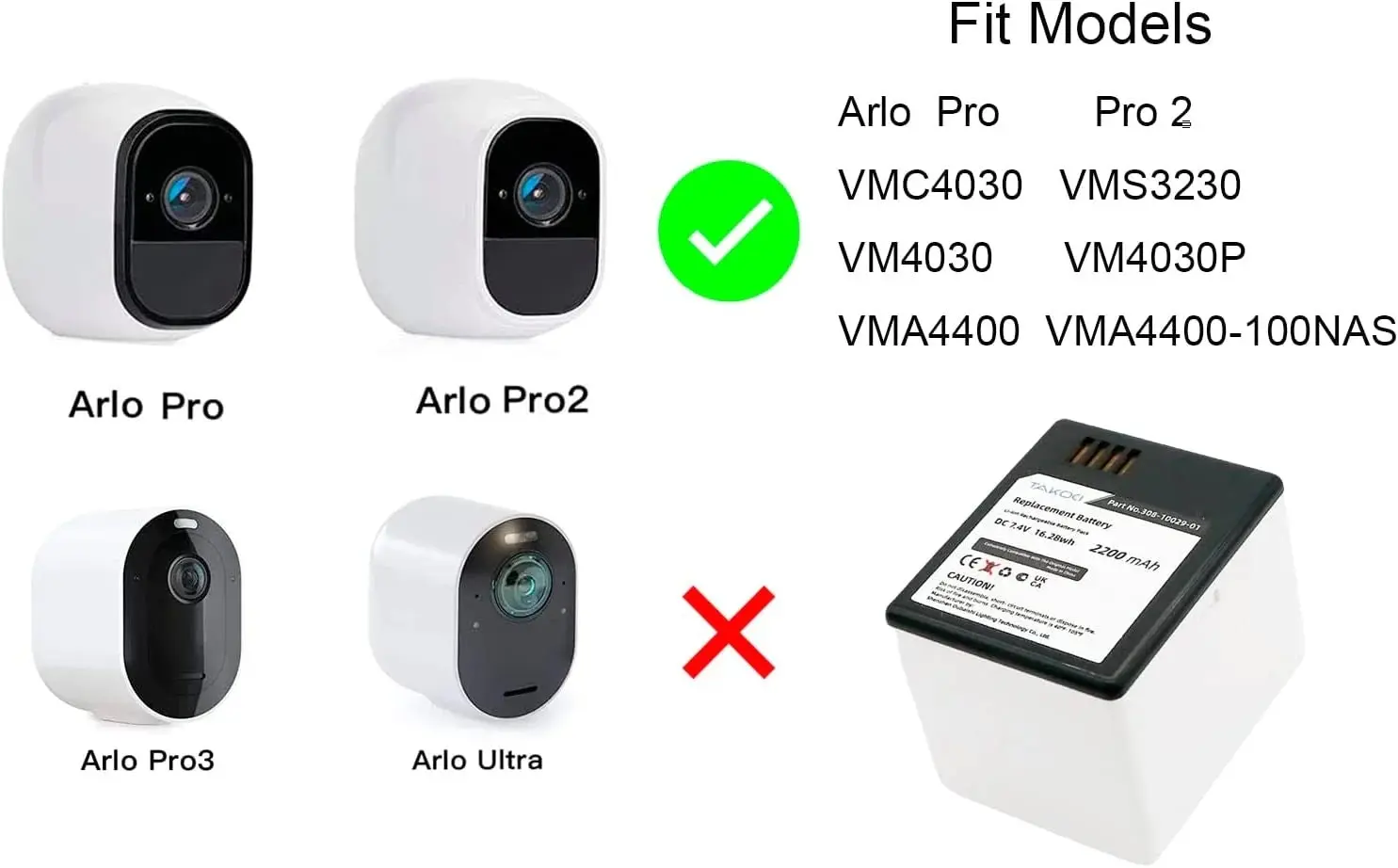 2-Pack Arlo Pro 2 Battery Replacement Fit for Arlo Pro VM4030 VMC4030 VMA4400(-100NAS) 7.4V Li-ion 2200mAh