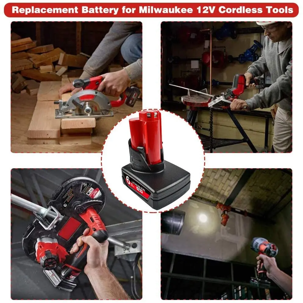 2 Pack | 6.0Ah 12V Tool Battery For Milwaukee M12 48-11-2440 48-11-2402 with Extended Capacity