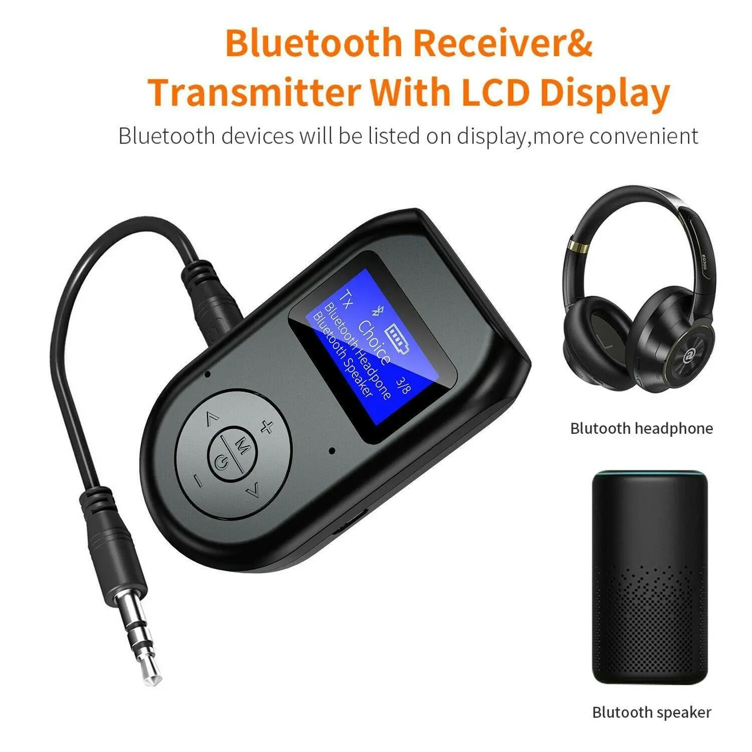 3 in 1 Bluetooth 5.0 Transmitter Receiver Wireless Audio 3.5mm Adapter with LCD