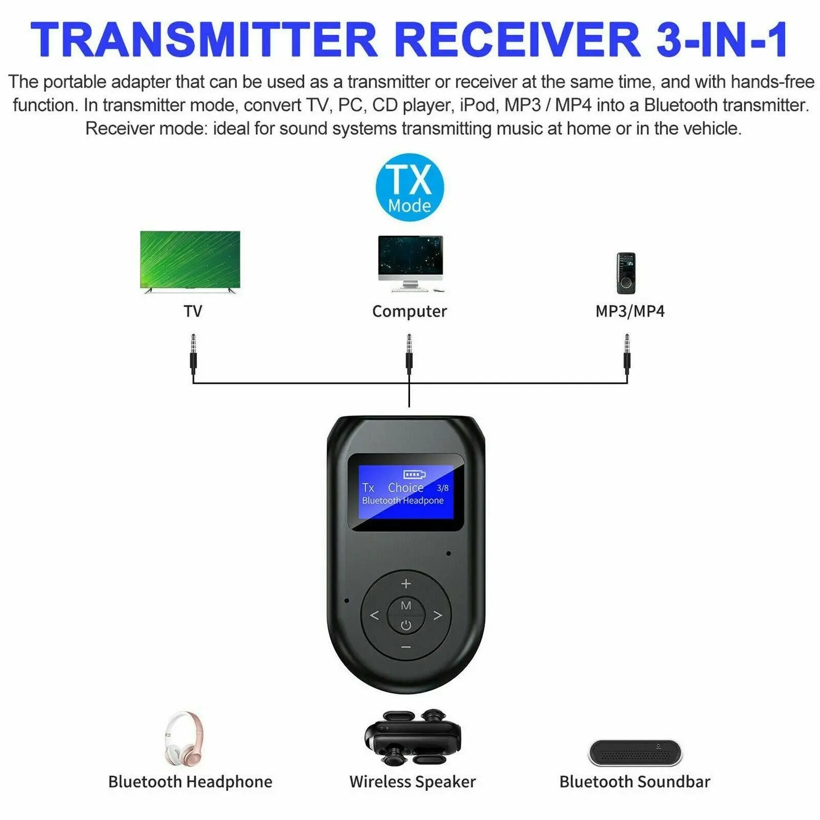 3 in 1 Bluetooth 5.0 Transmitter Receiver Wireless Audio 3.5mm Adapter with LCD