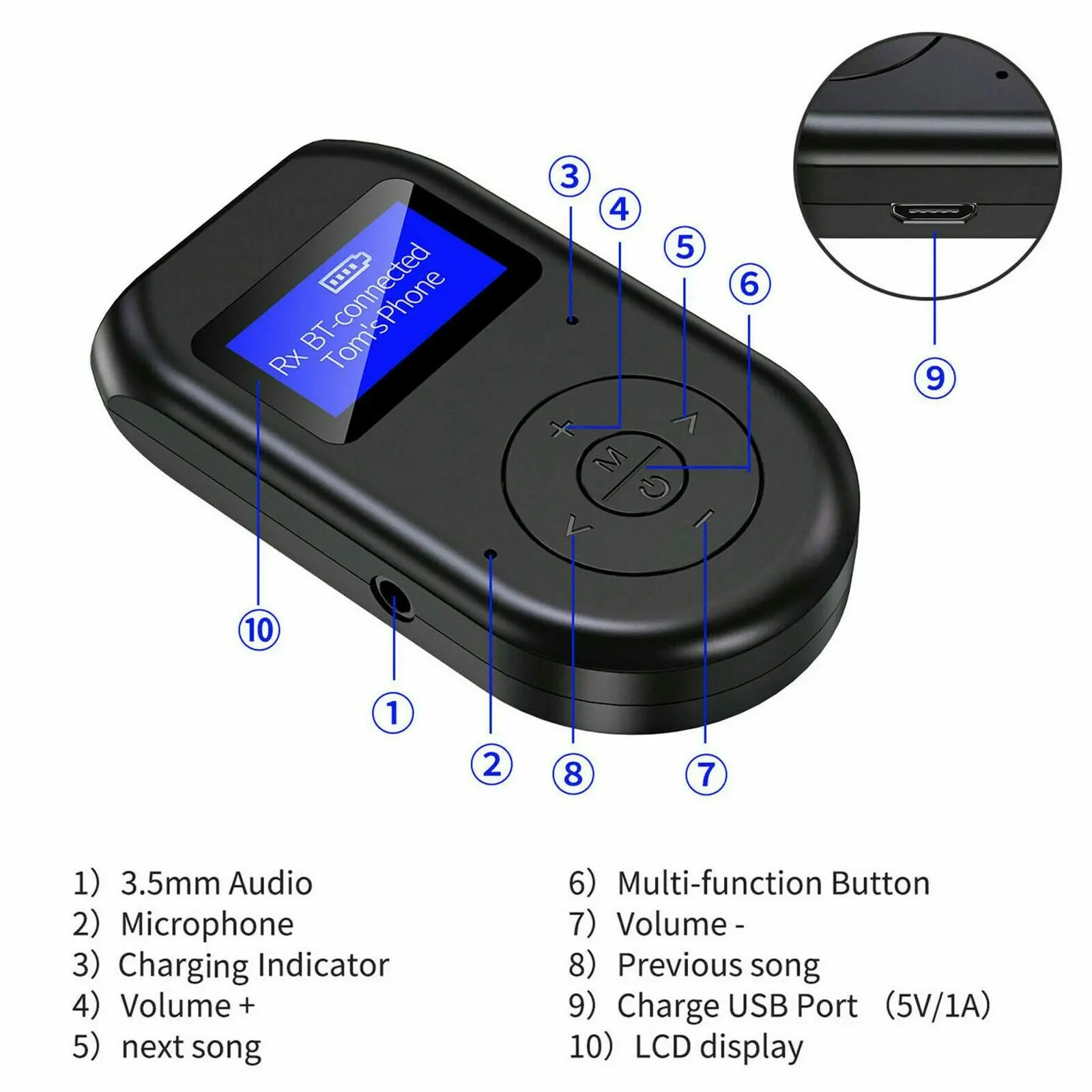 3 in 1 Bluetooth 5.0 Transmitter Receiver Wireless Audio 3.5mm Adapter with LCD