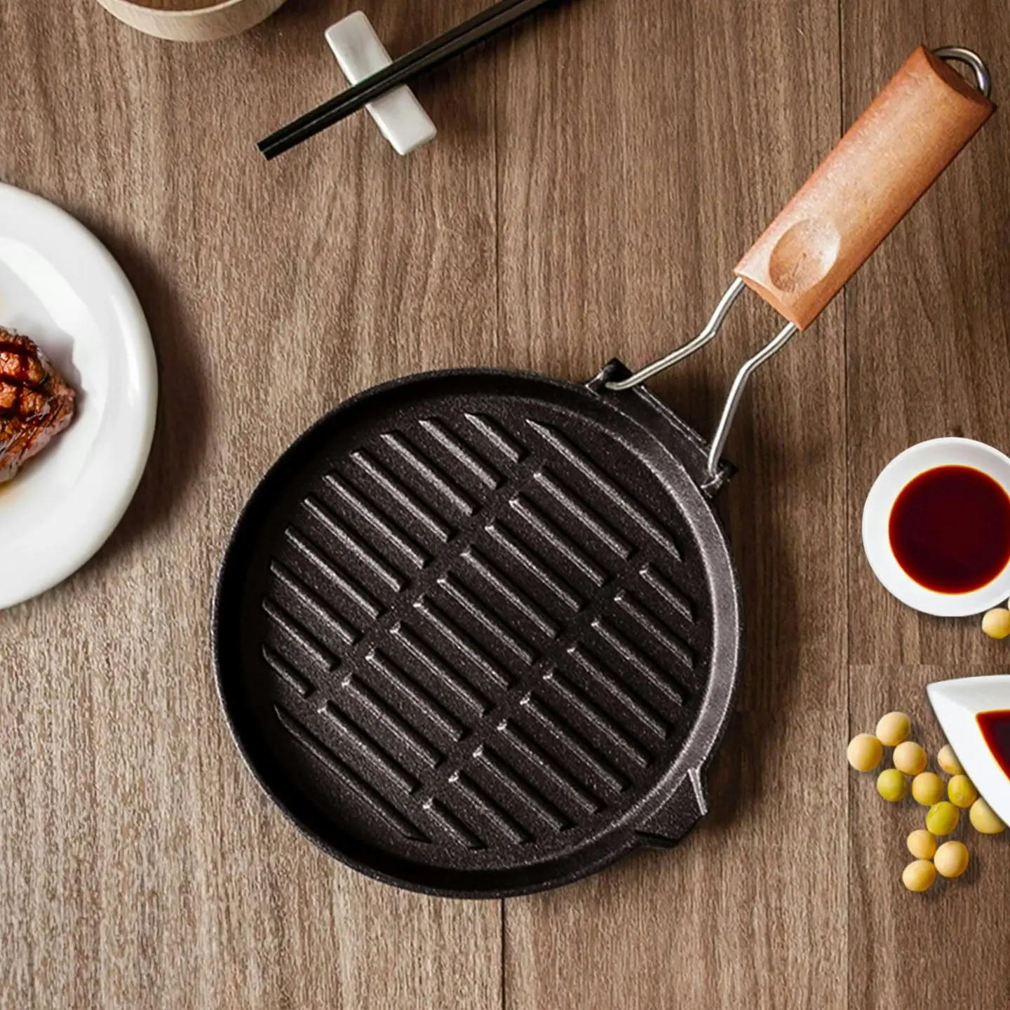 Soga 24cm Round Ribbed Cast Iron Steak Frying Grill Skillet Pan with Folding Wooden Handle