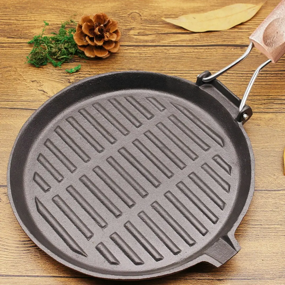 Soga 24cm Round Ribbed Cast Iron Steak Frying Grill Skillet Pan with Folding Wooden Handle