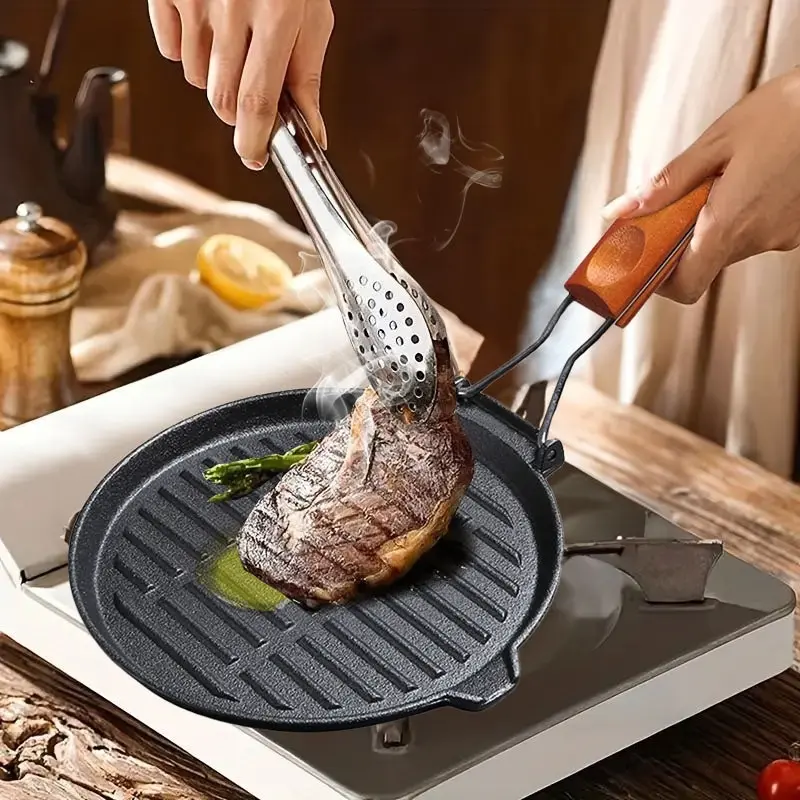 Soga 24cm Round Ribbed Cast Iron Steak Frying Grill Skillet Pan with Folding Wooden Handle