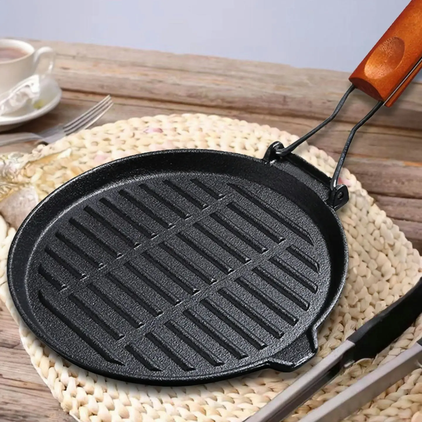 Soga 24cm Round Ribbed Cast Iron Steak Frying Grill Skillet Pan with Folding Wooden Handle