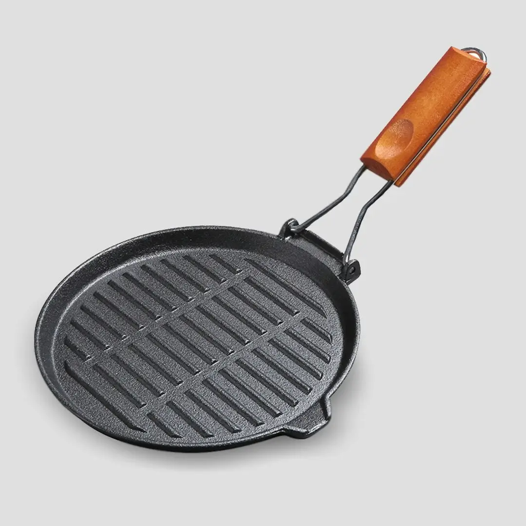 Soga 24cm Round Ribbed Cast Iron Steak Frying Grill Skillet Pan with Folding Wooden Handle