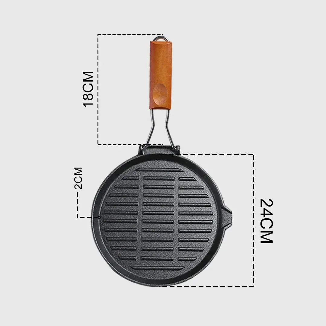 Soga 24cm Round Ribbed Cast Iron Steak Frying Grill Skillet Pan with Folding Wooden Handle