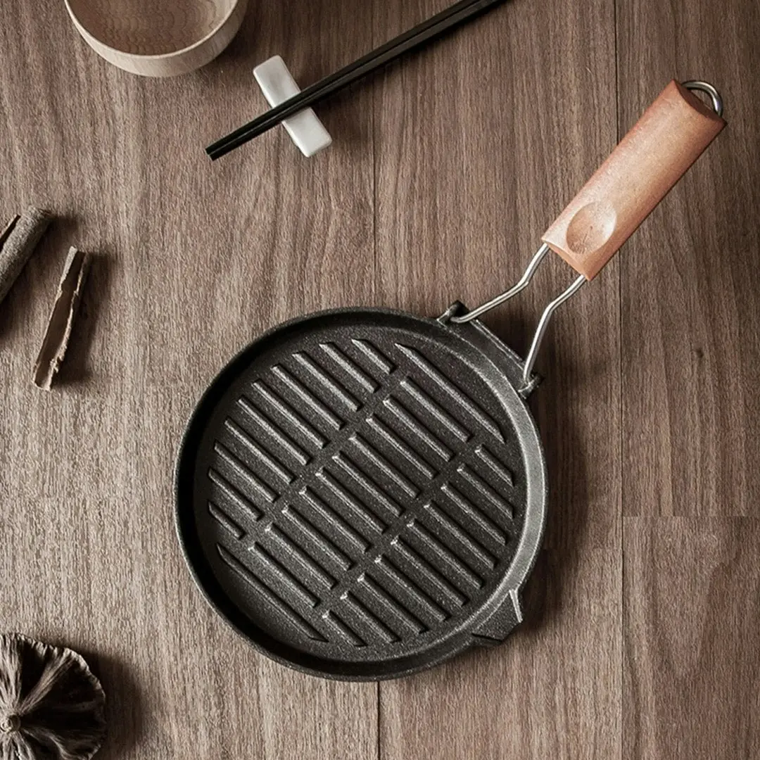 Soga 24cm Round Ribbed Cast Iron Steak Frying Grill Skillet Pan with Folding Wooden Handle