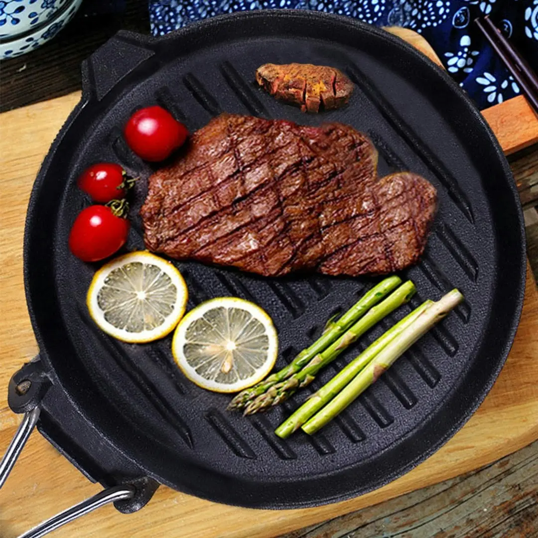 Soga 24cm Round Ribbed Cast Iron Steak Frying Grill Skillet Pan with Folding Wooden Handle