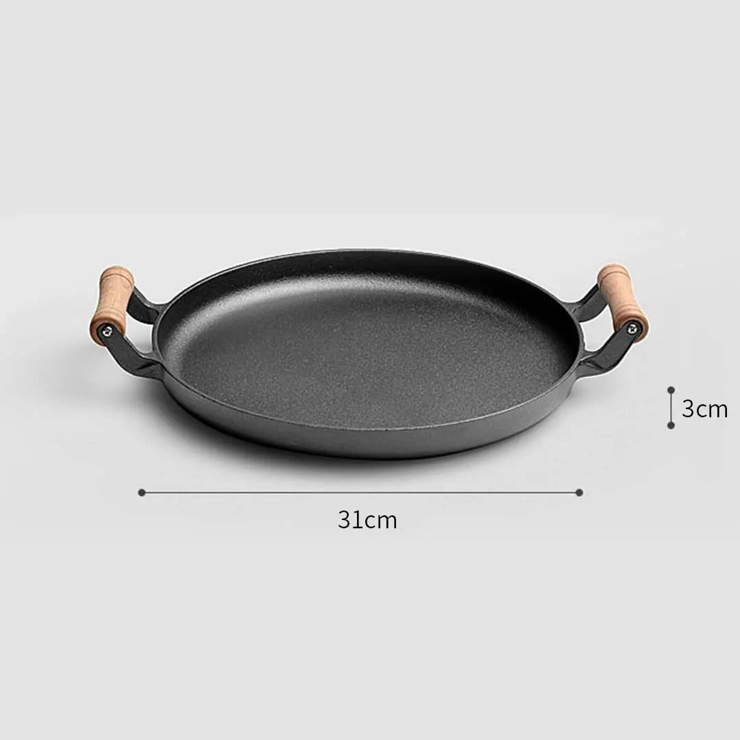 Soga 31cm Cast Iron Frying Pan Skillet Steak Sizzle Fry Platter With Wooden Handle No Lid