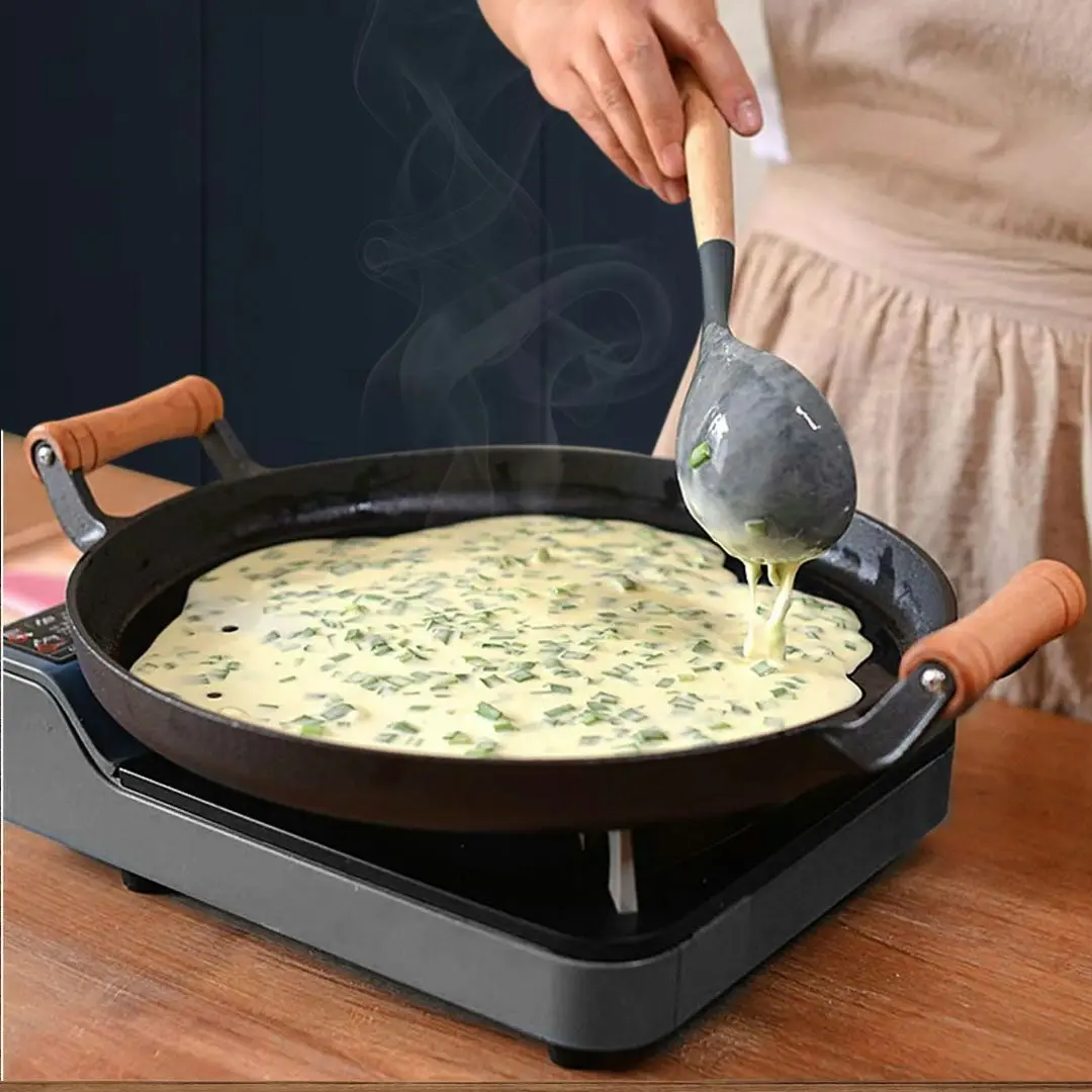 Soga 31cm Cast Iron Frying Pan Skillet Steak Sizzle Fry Platter With Wooden Handle No Lid