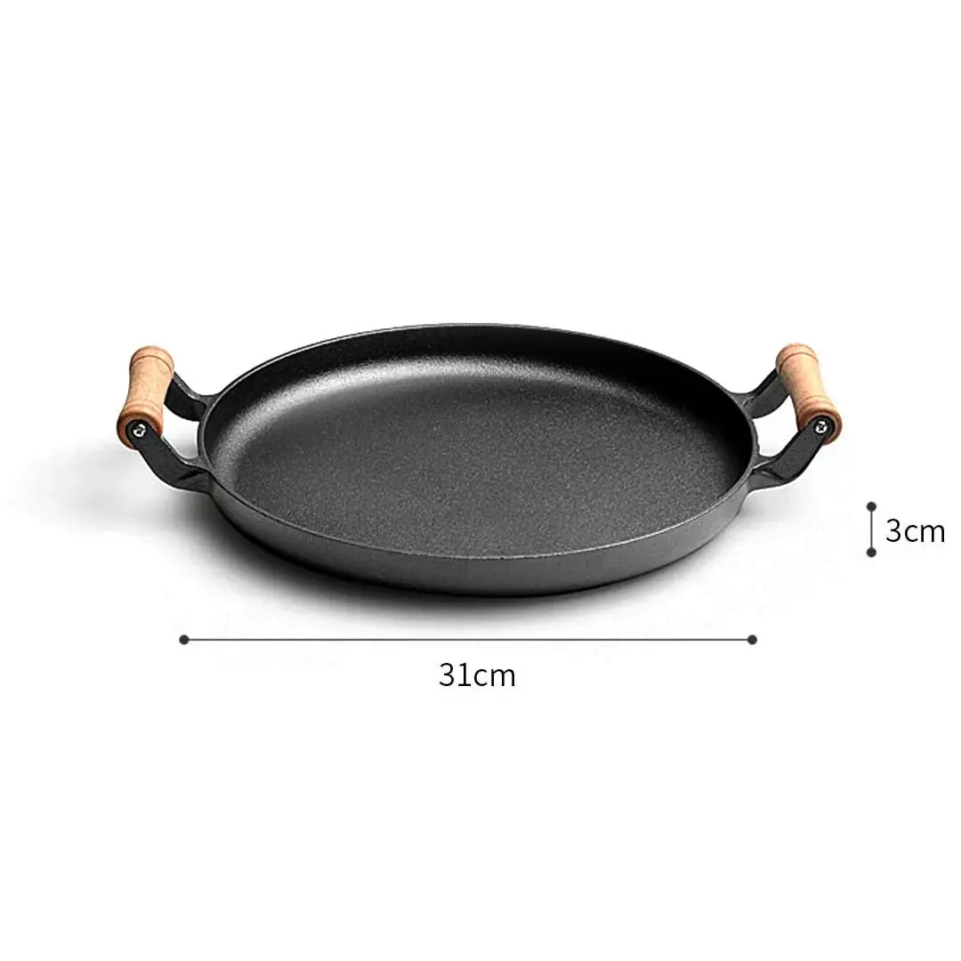 Soga 31cm Cast Iron Frying Pan Skillet Steak Sizzle Fry Platter With Wooden Handle No Lid