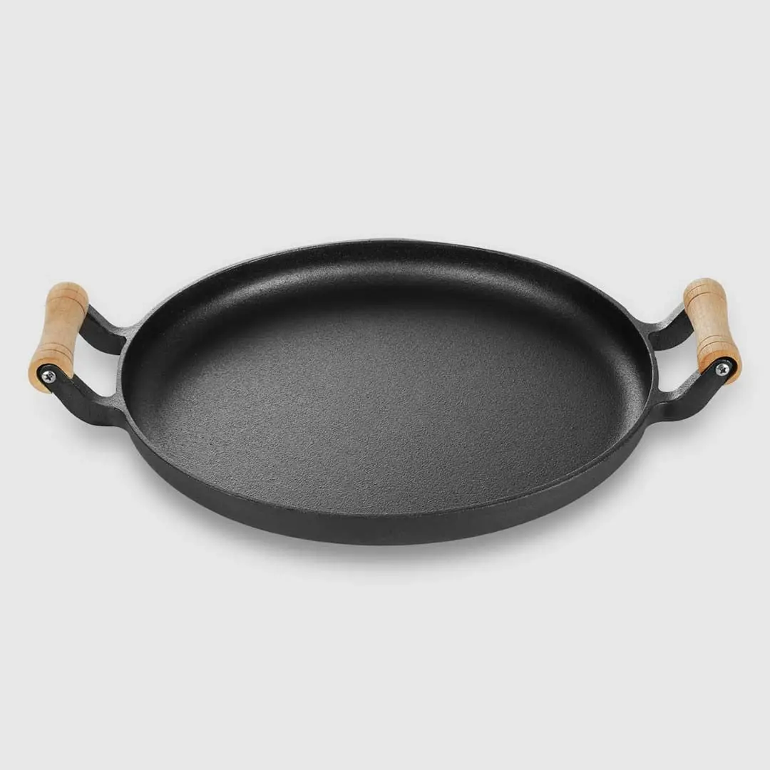 Soga 31cm Cast Iron Frying Pan Skillet Steak Sizzle Fry Platter With Wooden Handle No Lid