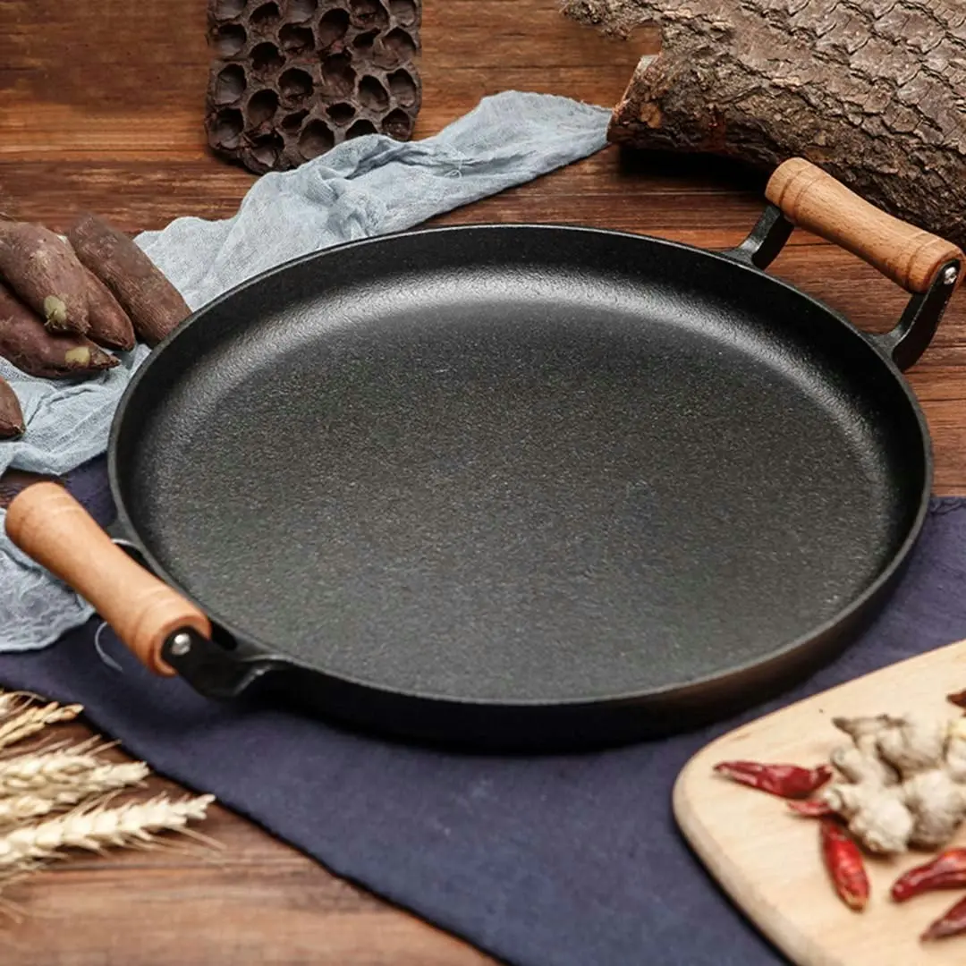 Soga 31cm Cast Iron Frying Pan Skillet Steak Sizzle Fry Platter With Wooden Handle No Lid