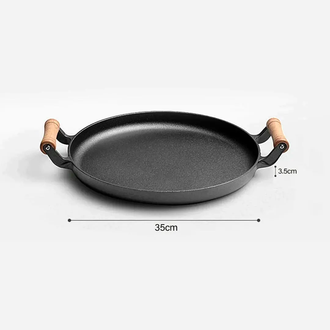 Soga 35cm Cast Iron Frying Pan Skillet Steak Sizzle Fry Platter With Wooden Handle No Lid