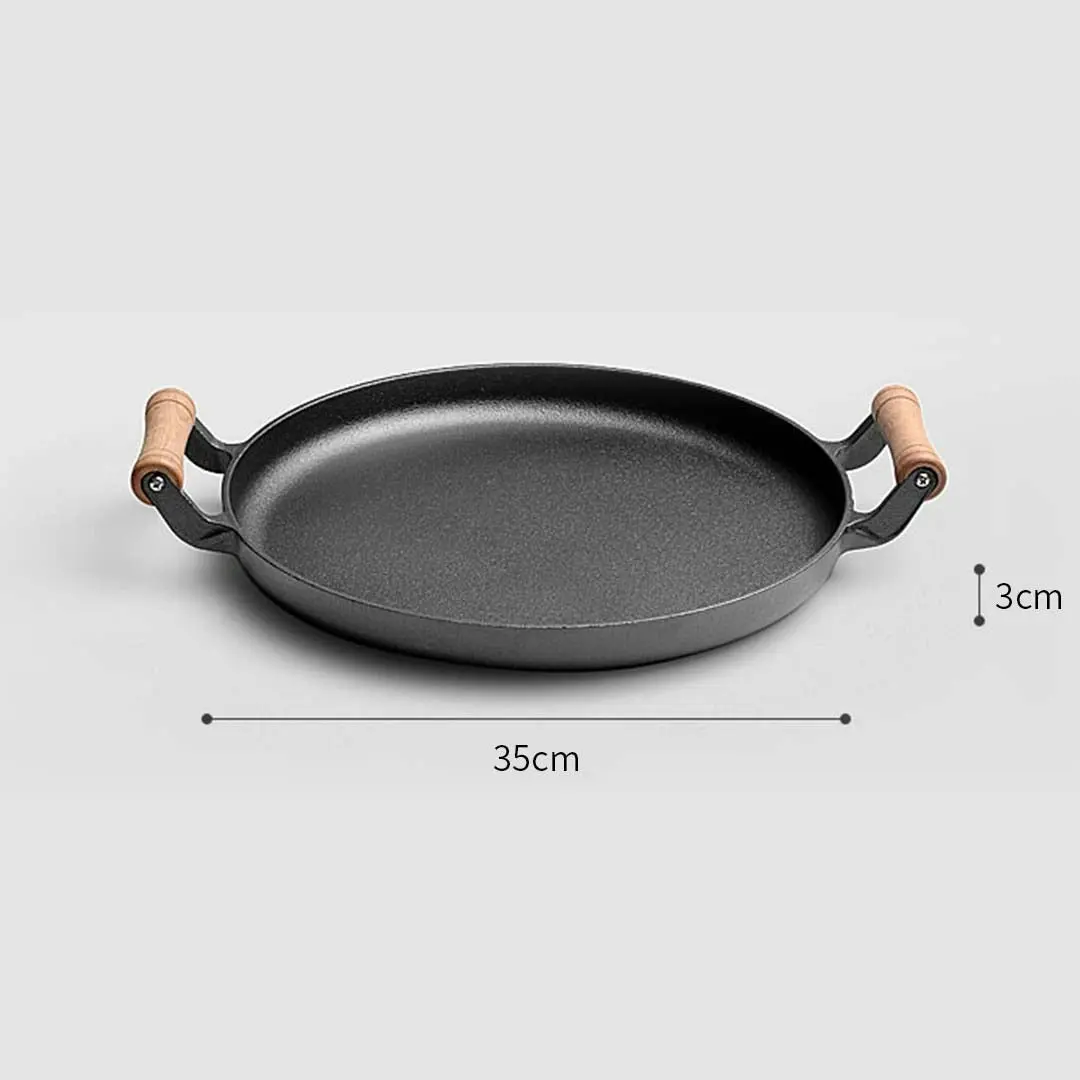 Soga 35cm Cast Iron Frying Pan Skillet Steak Sizzle Fry Platter With Wooden Handle No Lid