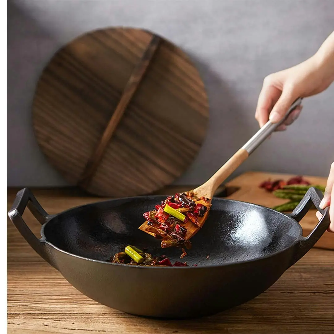 Soga 36CM Commercial Cast Iron Wok FryPan with Wooden Lid Fry Pan