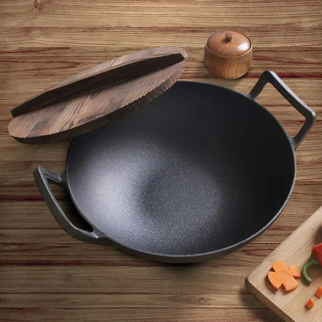 Soga 36CM Commercial Cast Iron Wok FryPan with Wooden Lid Fry Pan