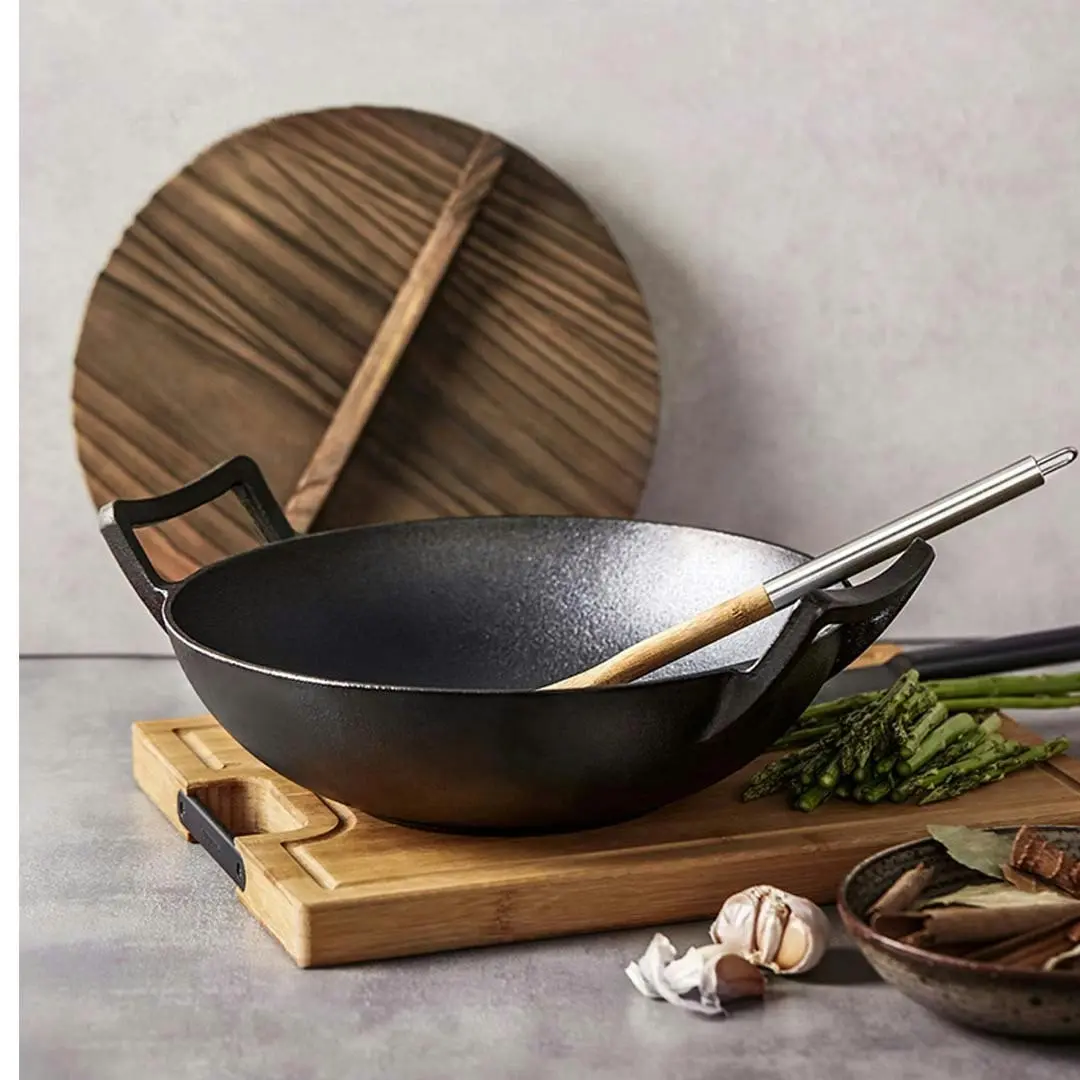 Soga 36CM Commercial Cast Iron Wok FryPan with Wooden Lid Fry Pan