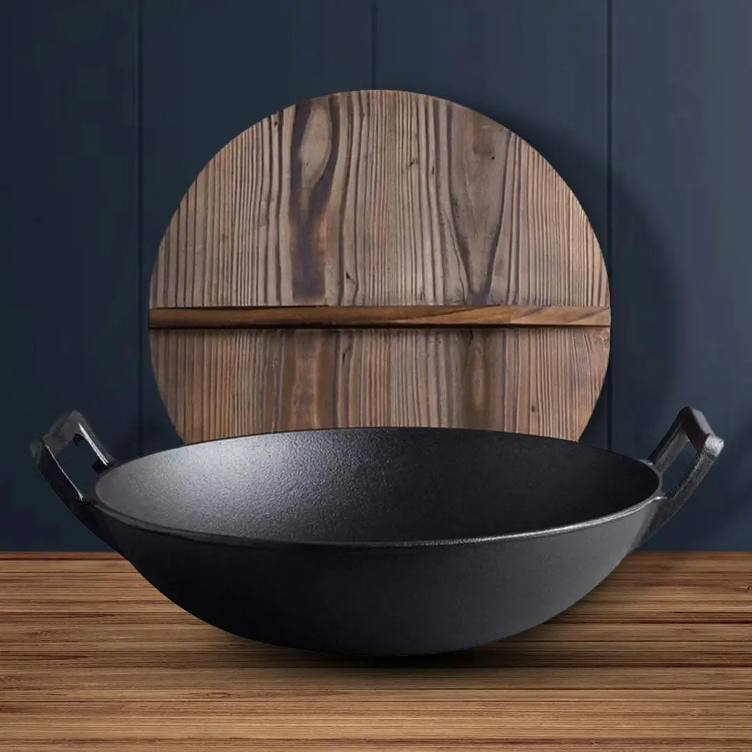 Soga 36CM Commercial Cast Iron Wok FryPan with Wooden Lid Fry Pan