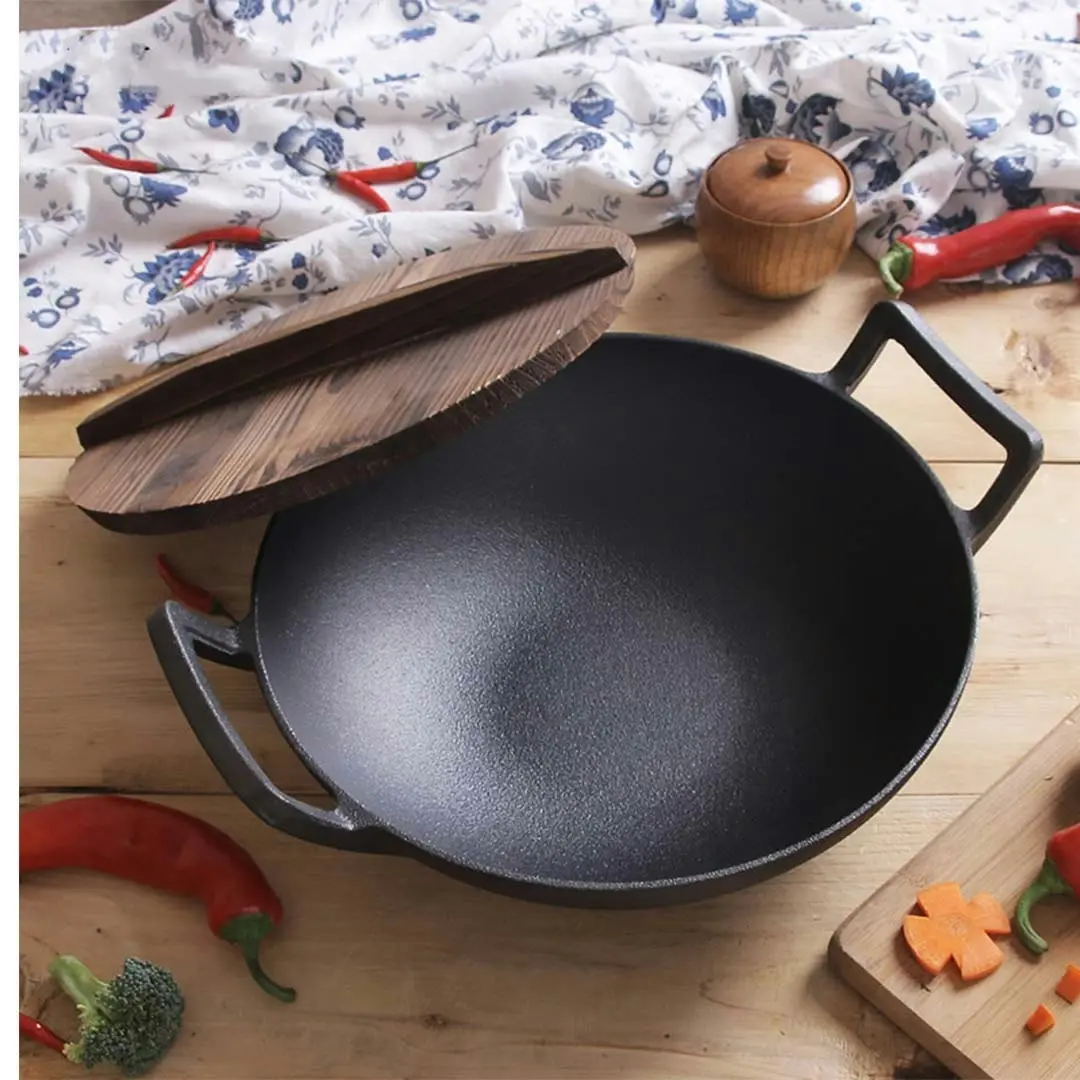 Soga 36CM Commercial Cast Iron Wok FryPan with Wooden Lid Fry Pan