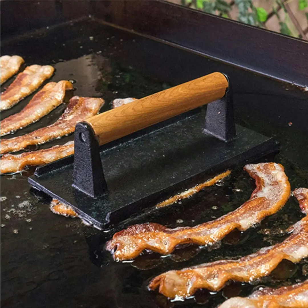 Soga Cast Iron Bacon Meat Steak Press Grill BBQ with Wood Handle Weight Plate