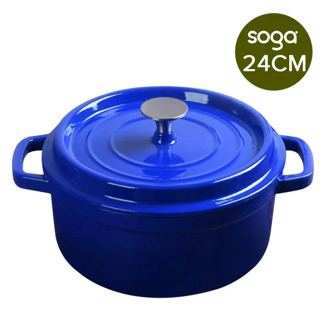 Soga Cast Iron Enamel Porcelain Stewpot Casserole Stew Cooking Pot With Lid 3.6L Blue 24cm