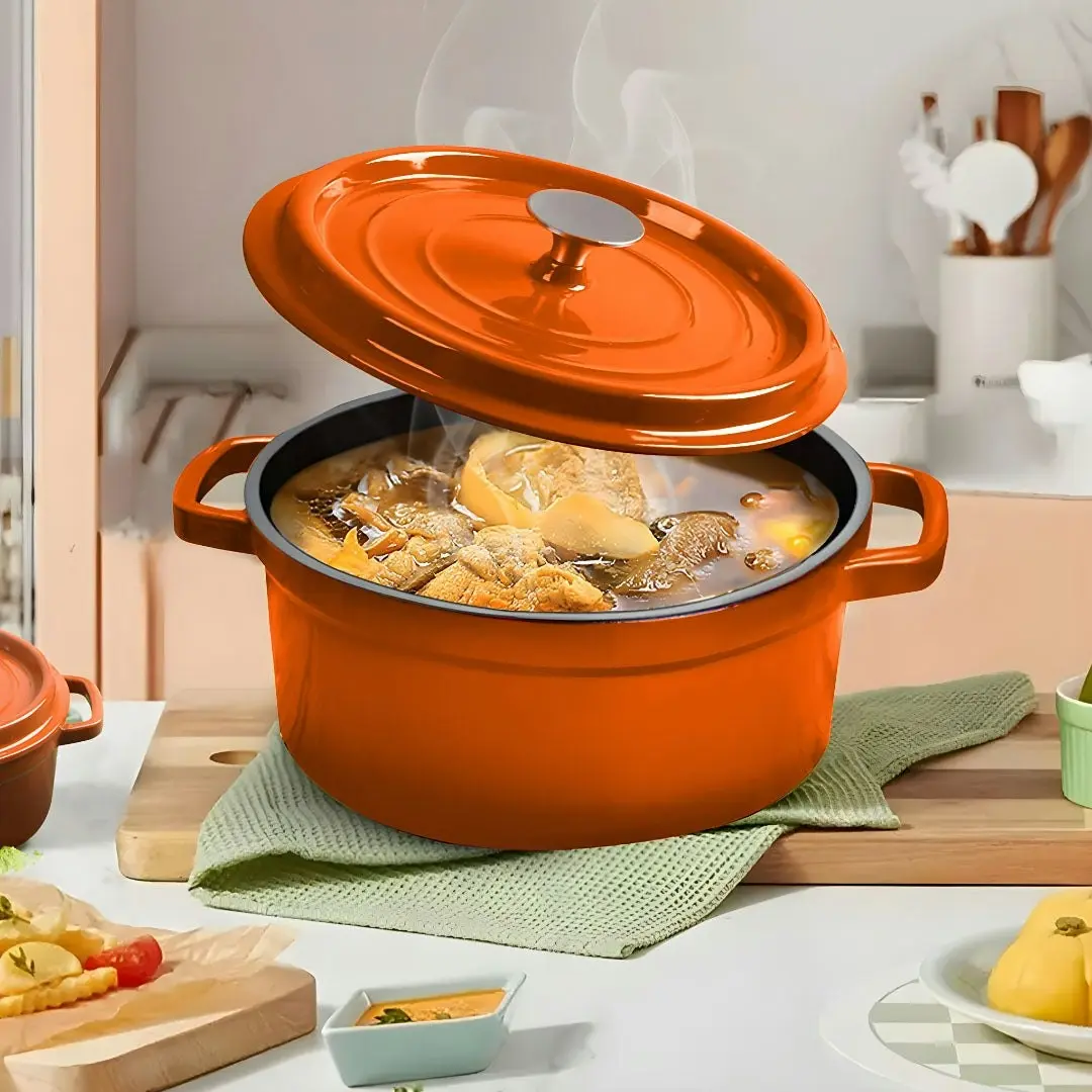 Soga Cast Iron Enamel Porcelain Stewpot Casserole Stew Cooking Pot With Lid 3.6L Orange 24cm