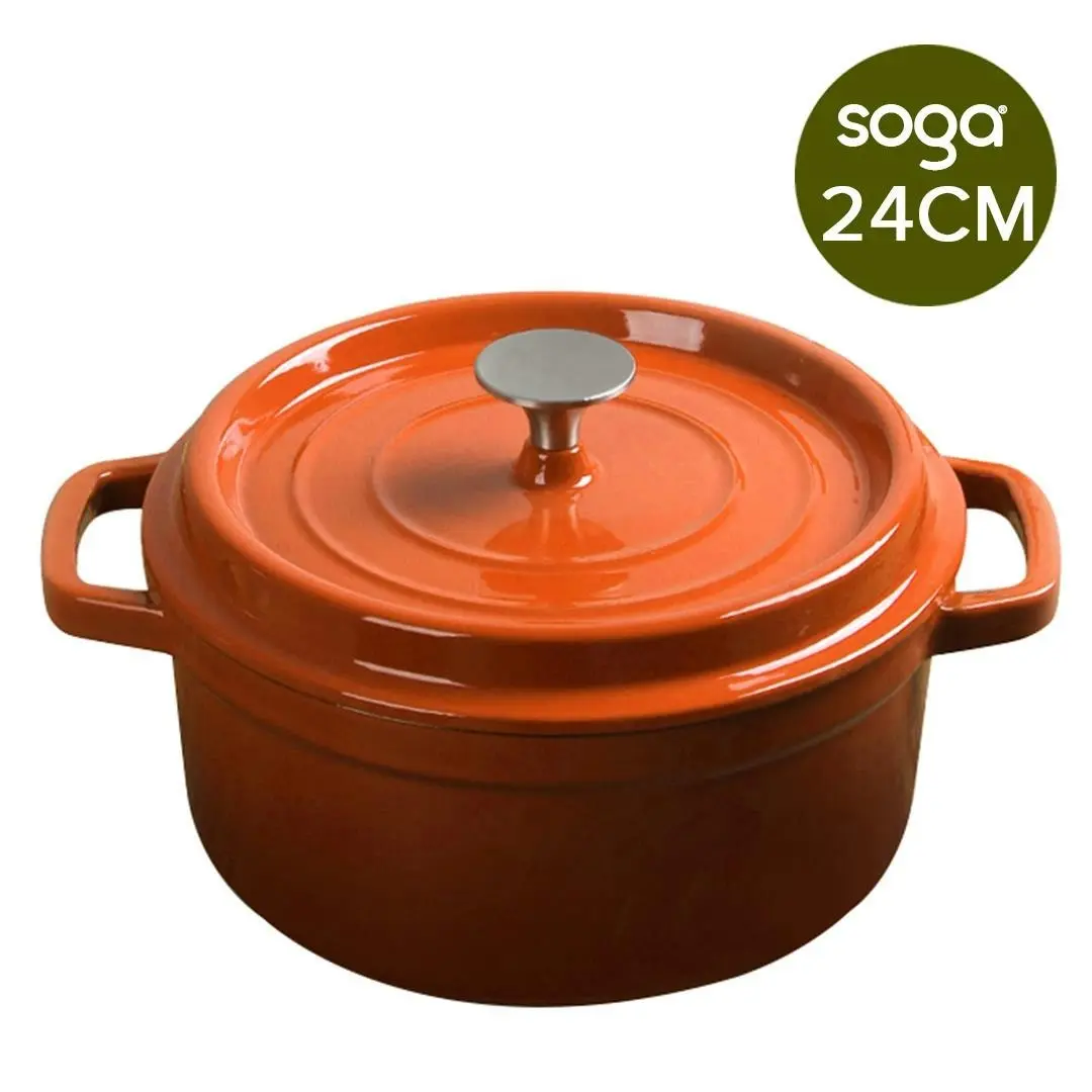 Soga Cast Iron Enamel Porcelain Stewpot Casserole Stew Cooking Pot With Lid 3.6L Orange 24cm