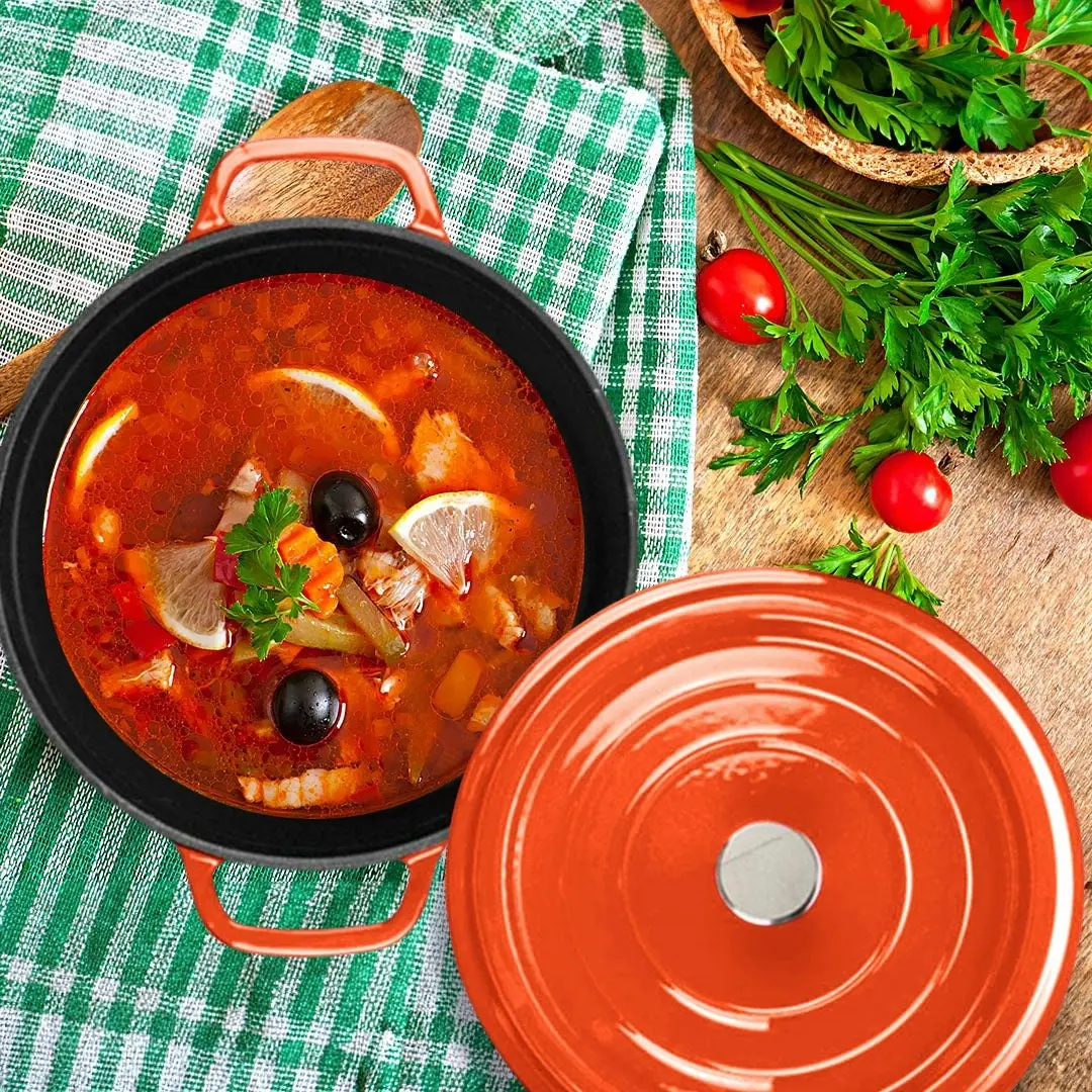 Soga Cast Iron Enamel Porcelain Stewpot Casserole Stew Cooking Pot With Lid 5L Orange 26cm