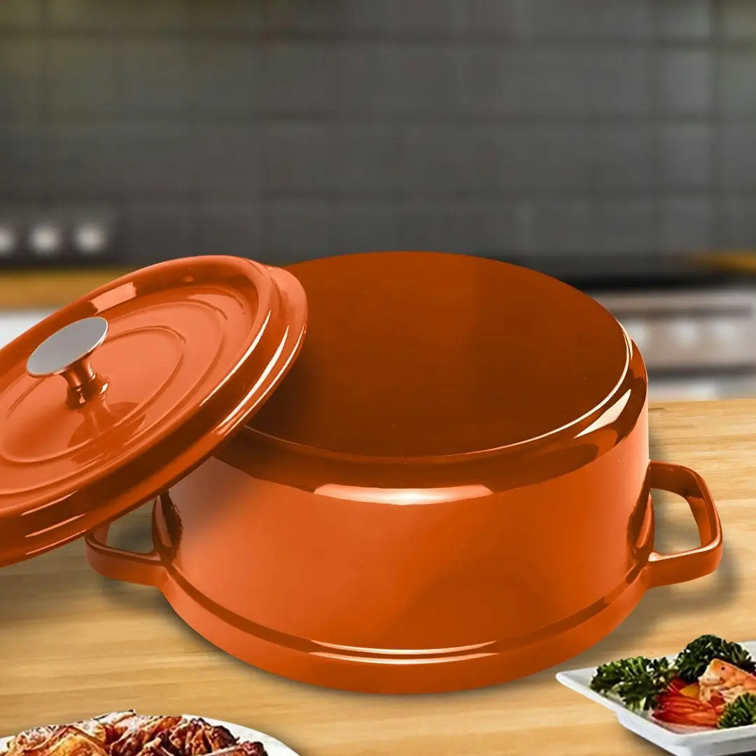 Soga Cast Iron Enamel Porcelain Stewpot Casserole Stew Cooking Pot With Lid 5L Orange 26cm