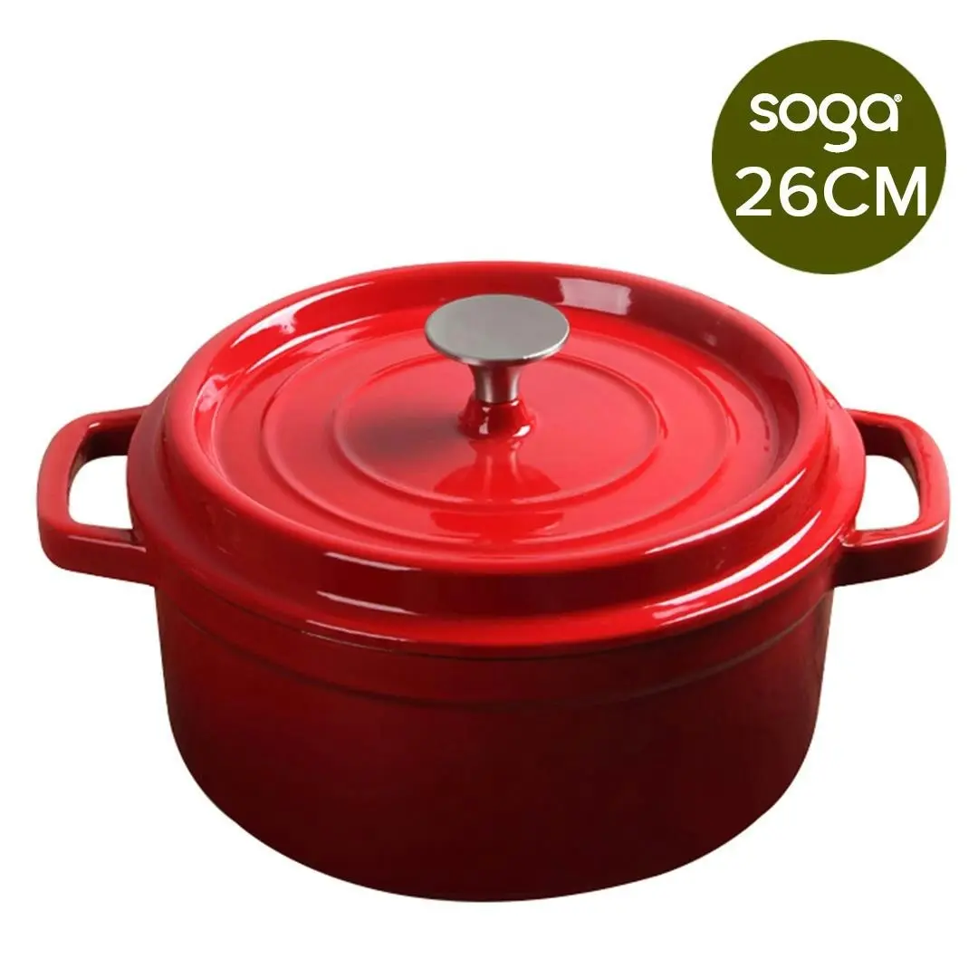 Soga Cast Iron Enamel Porcelain Stewpot Casserole Stew Cooking Pot With Lid 5L Red 26cm