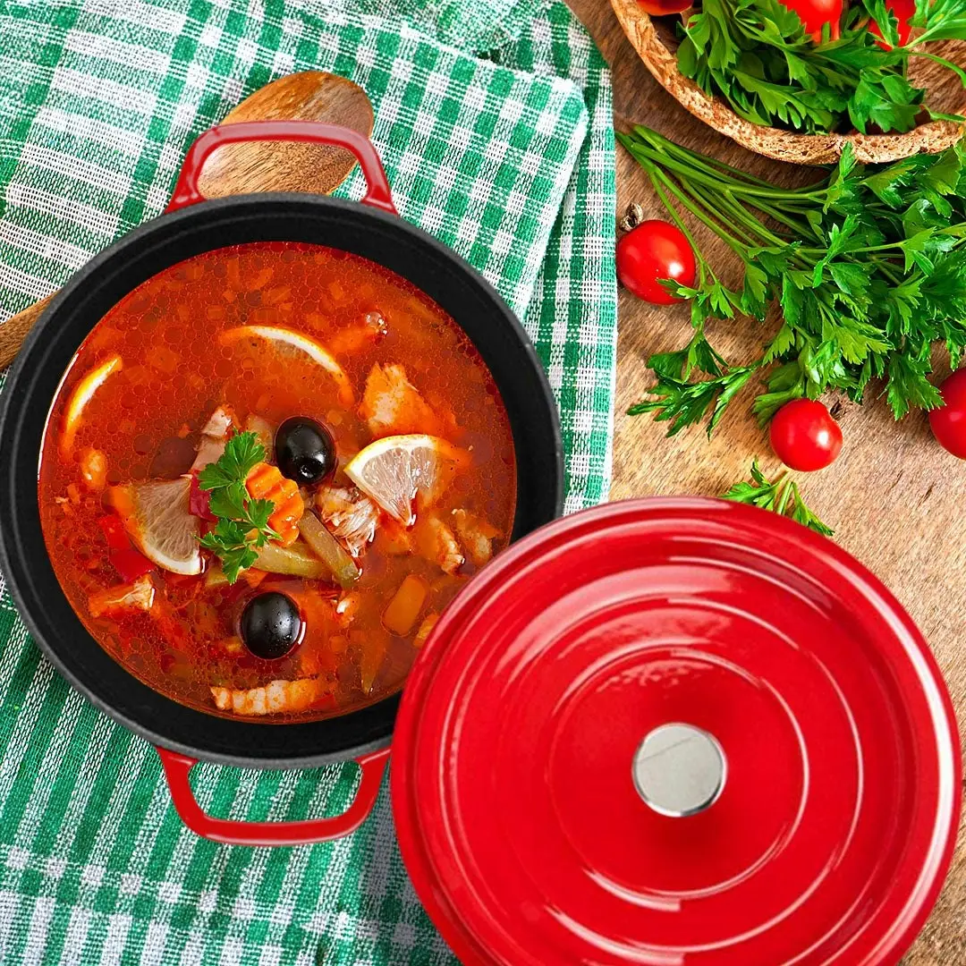 Soga Cast Iron Enamel Porcelain Stewpot Casserole Stew Cooking Pot With Lid 5L Red 26cm