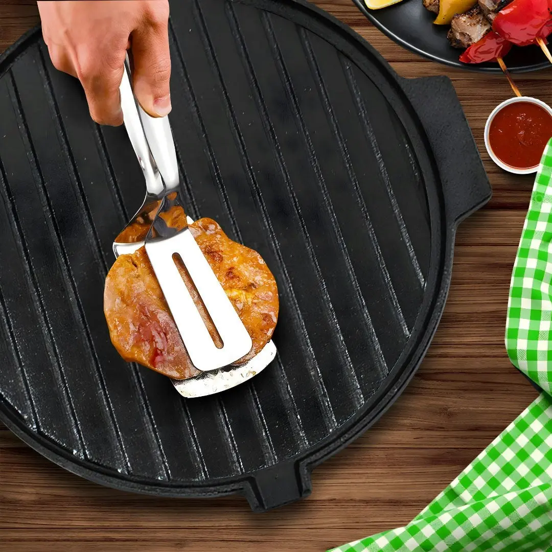 Soga 30CM Round Cast Iron Korean BBQ Grill Plate with Handles and Drip Lip