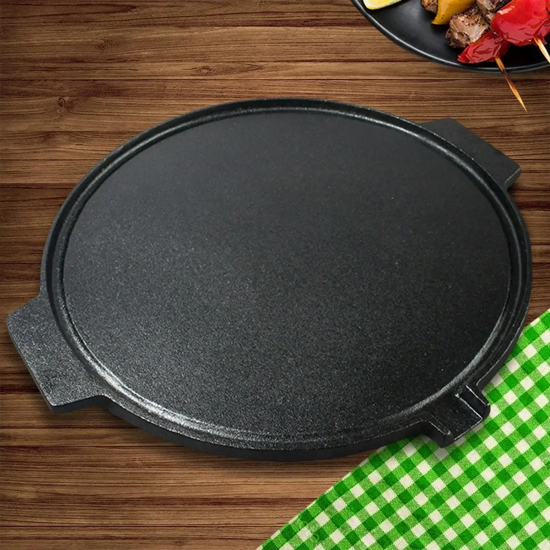 Soga 30CM Round Cast Iron Korean BBQ Grill Plate with Handles and Drip Lip