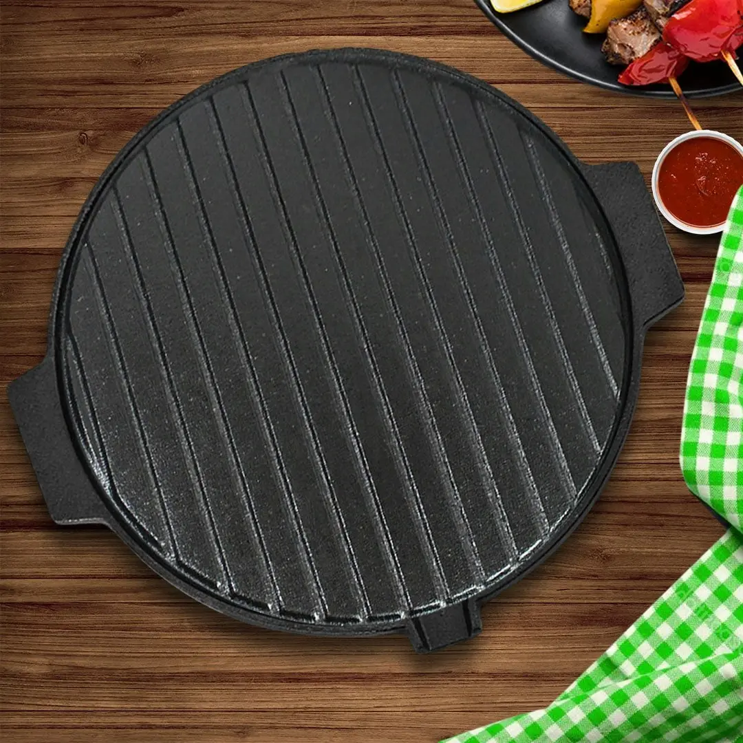 Soga 30CM Round Cast Iron Korean BBQ Grill Plate with Handles and Drip Lip