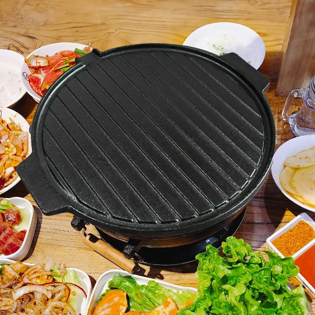 Soga 30CM Round Cast Iron Korean BBQ Grill Plate with Handles and Drip Lip