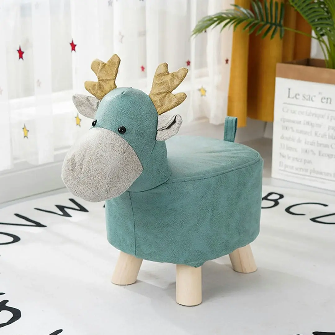 Soga Green Children Bench Deer Character Round Ottoman Stool Soft Small Comfy Seat Home Decor