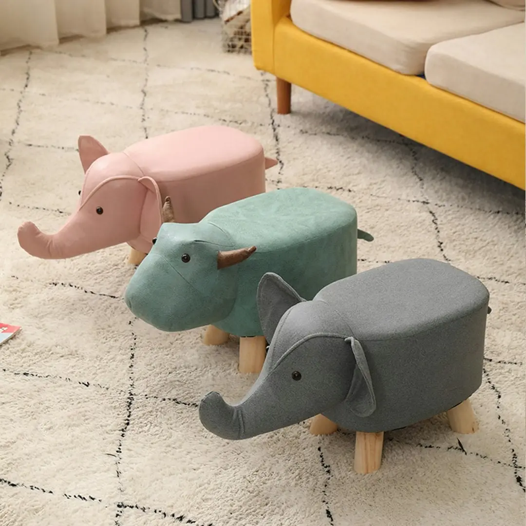 Soga Green Children Bench Deer Character Round Ottoman Stool Soft Small Comfy Seat Home Decor