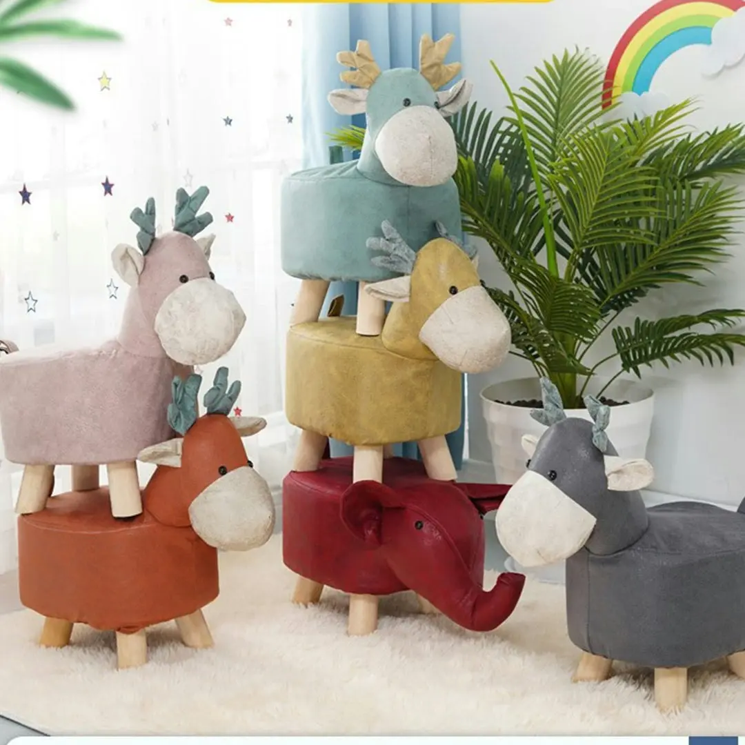 Soga Grey Children Bench Deer Character Round Ottoman Stool Soft Small Comfy Seat Home Decor